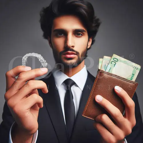 A Pakistani man holding clear aligners and a cash-strapped wallet