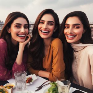3 Girls who're wearing clear aligners (invisible braces) are about to have lunch