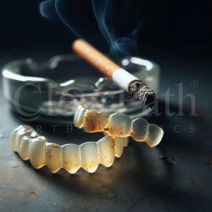 A clear aligner stained yellow (due to nicotine and tar) placed on a table