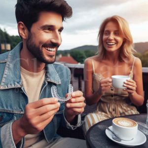 A couple having coffee after taking off their clear aligners  