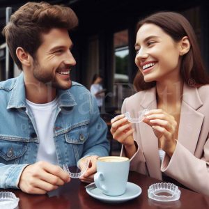 A couple having a coffee, removing their clear aligners and placing them in their protective casings