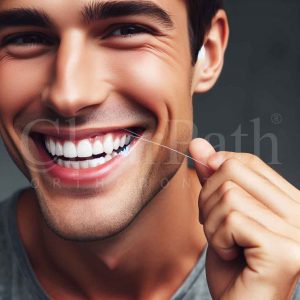A man using dental floss to achieve better oral hygiene (along with clear aligner use).