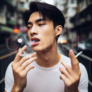 A man taking his clear aligners off while having before smoking a cigarette