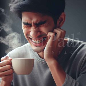 A man visibly wearing braces struck with pain while sipping in hot coffee