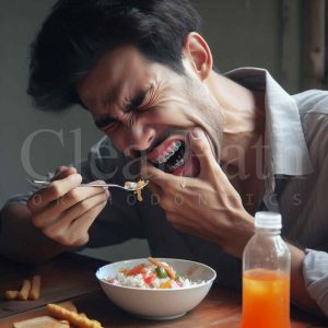 A man wearing braces in severe pain during the meal