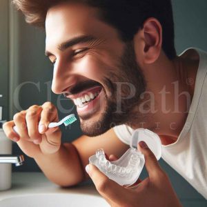 A person brushing his teeth while his clear aligners are placed in a protective casing