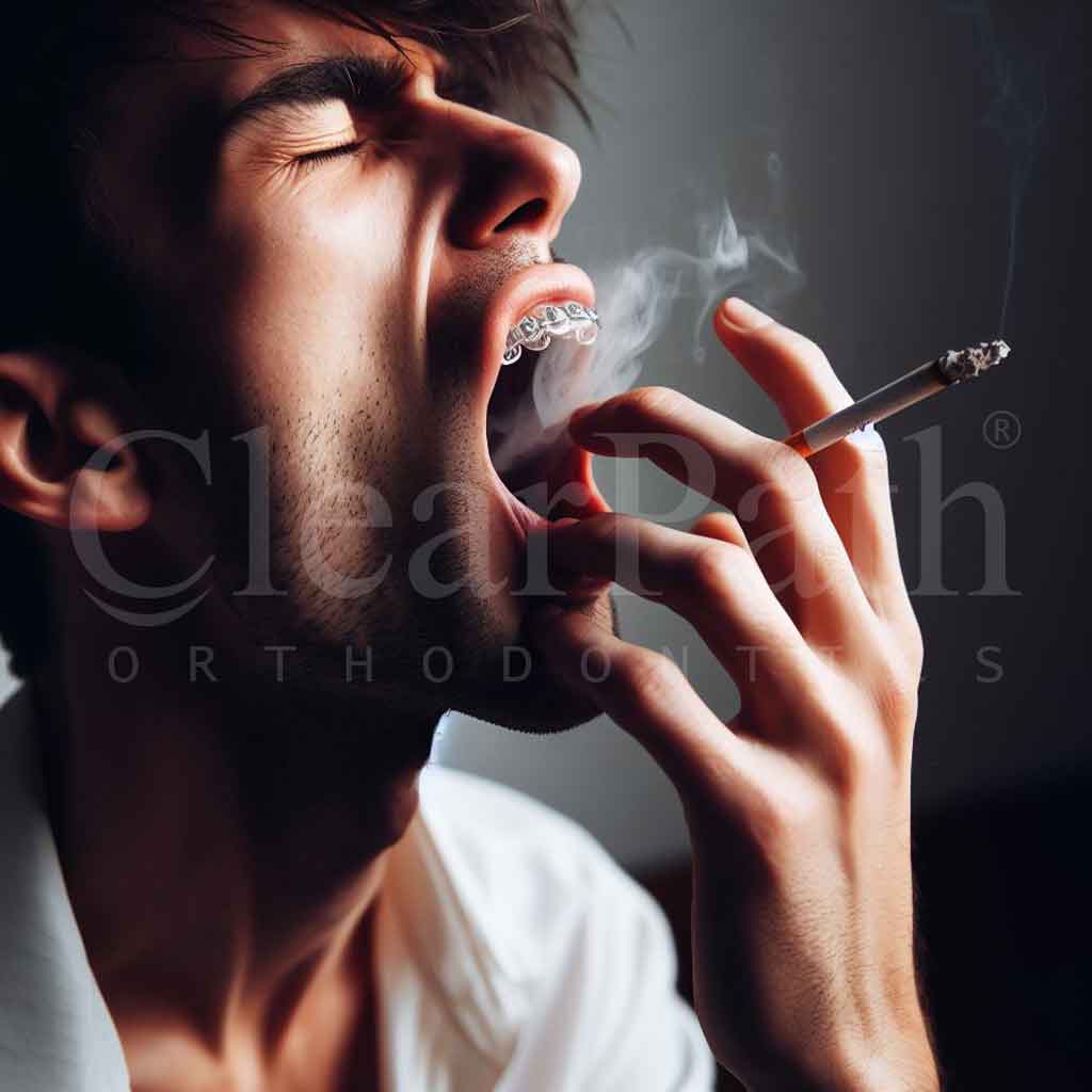 A person wearing Clear Aligners coughing while having a cigarette in his hand