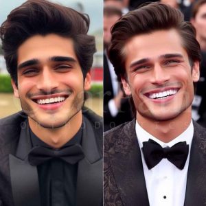 A picture of a Pakistani model smiling at the cameras while wearing teeth straightening clear aligners (on the left) vs a picture of a hollywood celebrity smiling at the cameras wearing clear aligners (on the right)