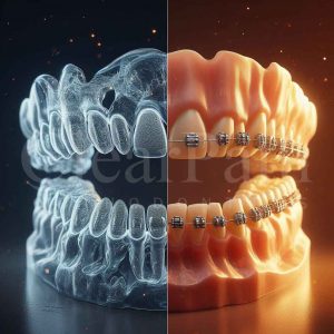 A depiction of clear aligners (on the left) vs  metal braces (on the right)