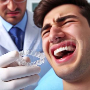An image of an orthodontist presenting Clear aligners to a patient who seems to be suffering from dental pain