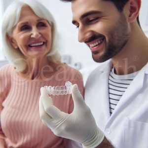 An image of an orthodontist presenting Clear aligners to an aged patient