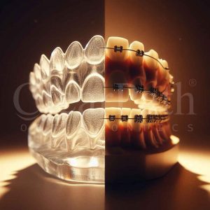An image of clear aligners on the left vs  metal braces on the right