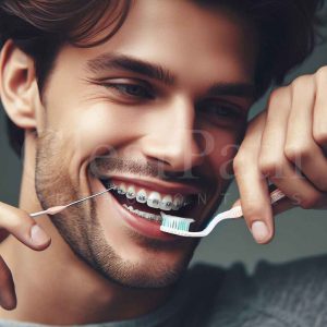 An image of man carefully brushing and flossing around braces