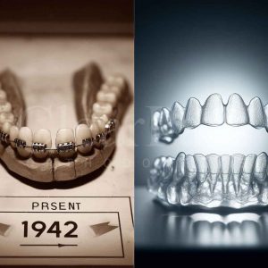 An image of old 1940's teeth straightening braces  (on the left) Vs an image of clear aligners (on the right)