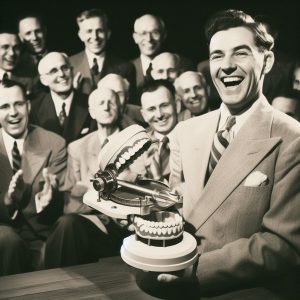 Dr. H.D Kesling celebrating while holding the first 'tooth positioner'