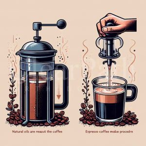 French press coffee making procedure (on the left) and Espresso coffee making procedure (on the right)