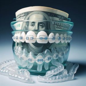 The image depicts how clear aligners might be cheaper in the long run
