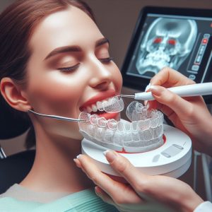 Lady getting dental impressions done prior to alignment/invisible braces treatment