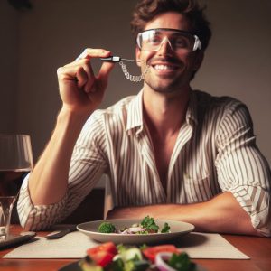 A man re-installing his clear aligner after his meal.