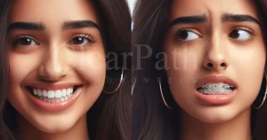 A Pakistani girl wearing invisible aligners on the left - with the same person wearing metal braces on the right. Profound difference in facial aesthetics!