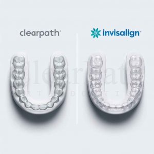 Clearpath Clear Aligners on the left and Invisalign aligners on the right