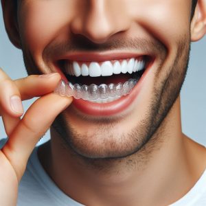 A man casually placing his clear aligner trays in his mouth