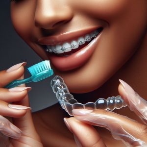 A person cleaning their clear aligners with a soft tooth brush