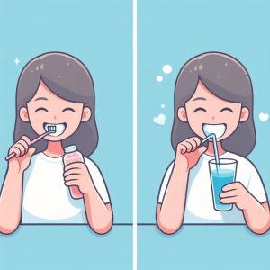 A patient brushing and flossing diligently and drinking  from a straw