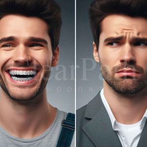 A person smiling confidently while wearing clear aligners vs a man not fully smiling due to crooked teeth