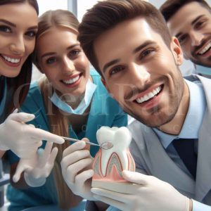 A dental orthodontist practically demonstrating a procedure while teaching a team of dentists