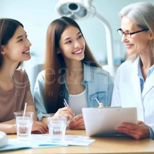 An image of a 3 women consulting with a clearpath orthodontist