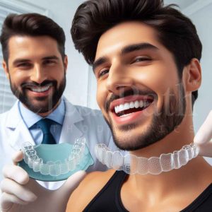 A Pakistani celebrity removing his old cracked Invisalign clear aligners, while being presented with a set of new ClearPath clear aligners by his orthodontist.