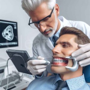 An orthodontist conducting a 3d dental impressions scan of his patient