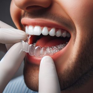An orthodontist fitting an aligner tray 