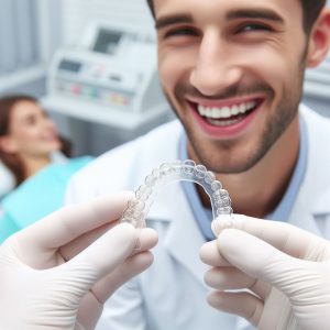 An orthodontist handing over a set of retainers to his patient at the end of their aligner treatment