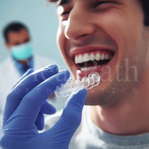 An orthodontist prescribing clear aligners to his patient with a moderate tooth overlapping issue