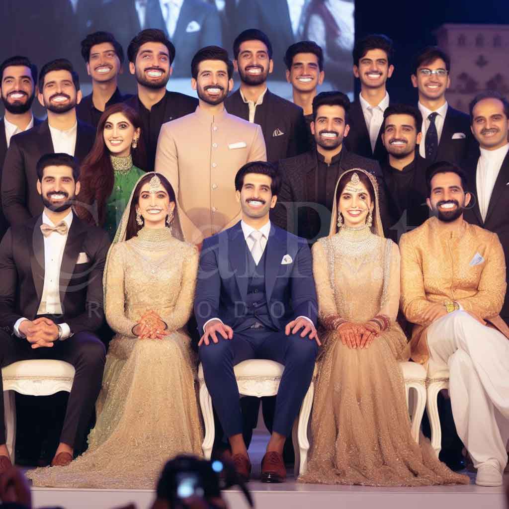 People on stage at a pakistani wedding visibly wearing clear aligners and smiling confidently