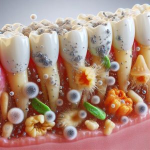 A mix of bacteria, food debris, and saliva causing plaque buildup on the teeth.