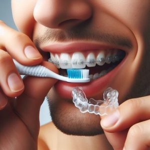A person throughly cleaning after removing their clear aligners