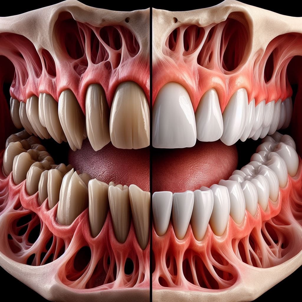 An overbite dental complication on the left and an overjet dental complication on the right